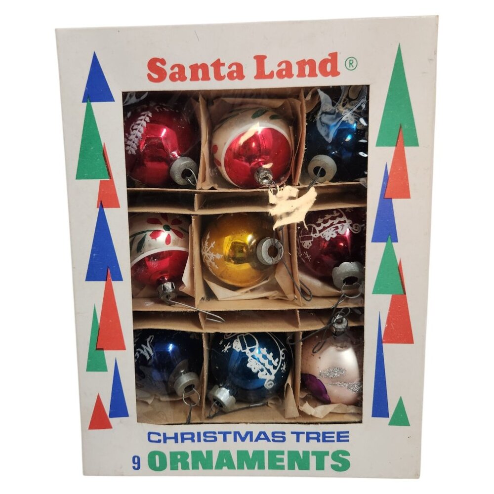 Vintage Santa Land Mercury Glass Ornaments Hand Blown Christmas Poland Box of 9